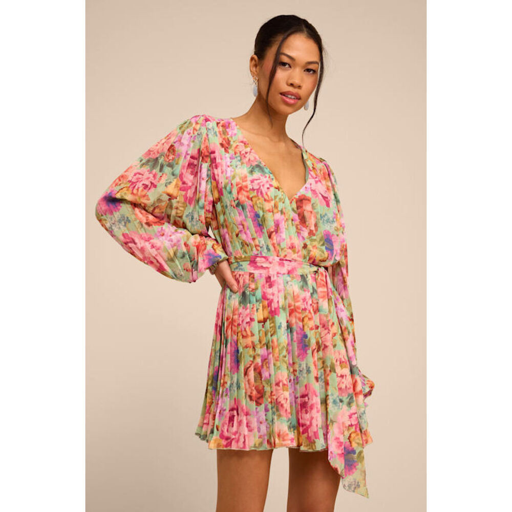 Lulus Dalila Sage Multi Floral Pleated Shift Mini Dress Green - Size M